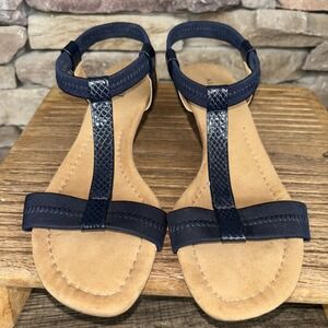 Alfani Voyage Womens  T-Strap 2" Wedge Slingback Sandals Navy Blue 7 W
